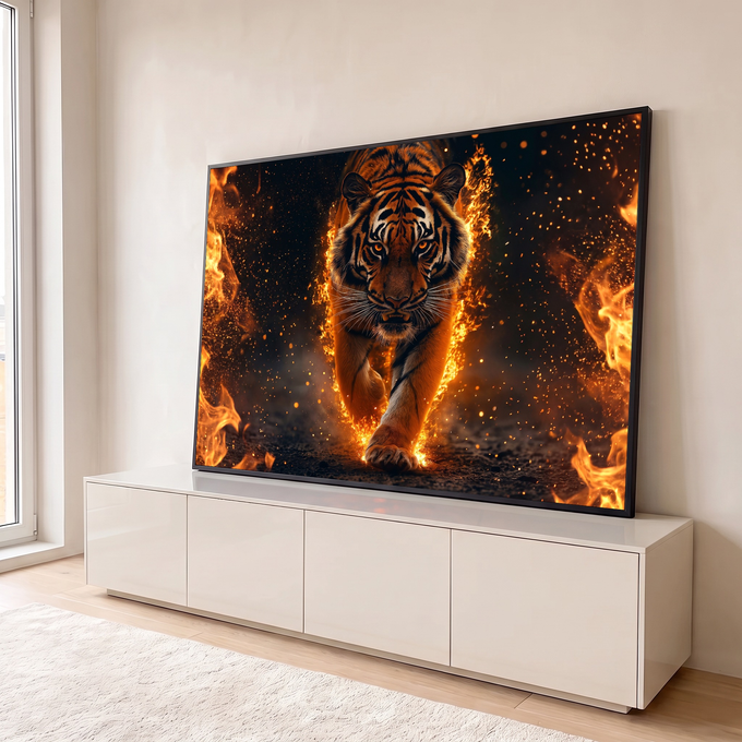 Tigre caminhando de frente entre chamas, brasas e faíscas laranja sobre fundo escuro, quadro decorativo