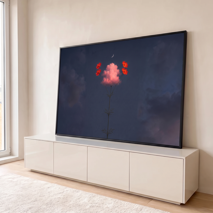Quadro Decorativo Grande Flores Vermelhas Vermelho para Sala | quadros decorativos para sala | flores vermelhas e nuvem rosa em caule único sob céu noturno com lua | em Quadros para Sala | Porao dos Quadros