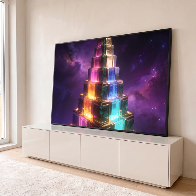 Quadro Decorativo Grande Pirâmide Futurista para Sala Roxo | quadros decorativos para sala | pirâmide de mármore com painéis de vidro neon colorido sobre nebulosa roxa estrelada | em Quadros para Sala | Porao dos Quadros