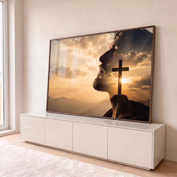 Quadro Decorativo Grande Jesus Coroa para Sala Dourado | quadros decorativos para sala | perfil de Jesus com coroa de espinhos mesclado a céu dourado e cruz ao pôr do sol | em Quadros para Sala | Porao dos Quadros
