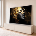 Quadro Decorativo Grande Rosto Dourado para Sala Preto | quadros decorativos para sala | rosto feminino em perfil com pele preta e explosão de partículas douradas | em Quadros para Sala | Porao dos Quadros