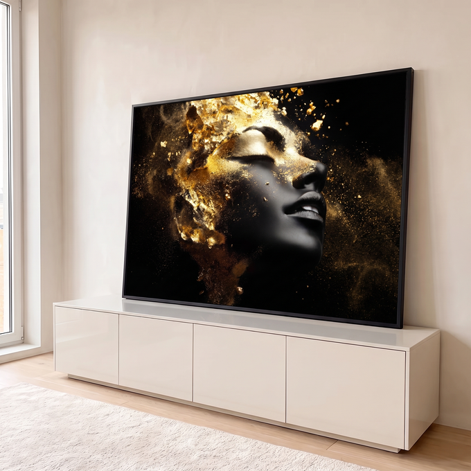 Quadro Decorativo Grande Rosto Dourado para Sala Preto | quadros decorativos para sala | rosto feminino em perfil com pele preta e explosão de partículas douradas | em Quadros para Sala | Porao dos Quadros