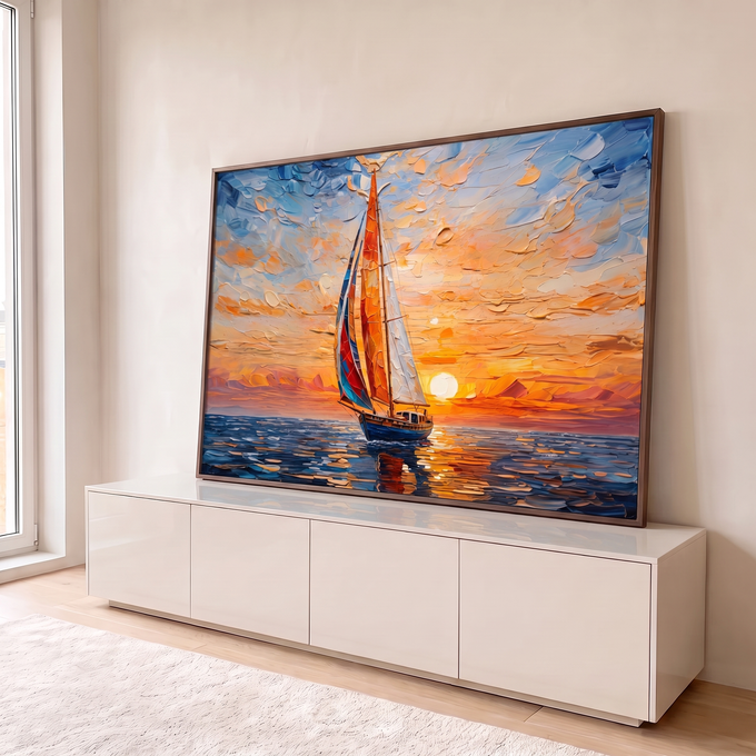 Quadro Decorativo Grande Veleiro Mar para Sala Laranja | quadros decorativos para sala | veleiro colorido navegando ao pôr do sol em pinceladas impressionistas densas | em Quadros para Sala | Porao dos Quadros