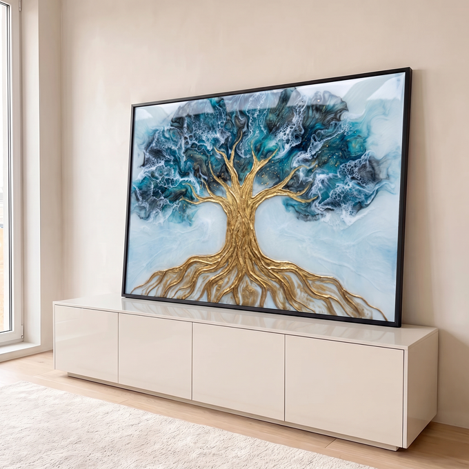 Quadro Decorativo Grande Árvore da Vida Azul para Sala | quadros decorativos para sala | árvore dourada estilizada sobre fundo abstrato azul e preto tipo ocean art | em Quadros para Sala | Porao dos Quadros