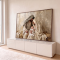 Maria, José e o Menino Jesus no presépio em pintura a óleo com espátula em tons bege, quadro decorativo