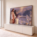 Quadro Decorativo Jesus Apontando para o Templo de Jerusalém | quadros decorativos para sala | Jesus e discípulo observam Jerusalém sob luz dourada vindo do céu roxo | em Quadros para Sala | Porao dos Quadros
