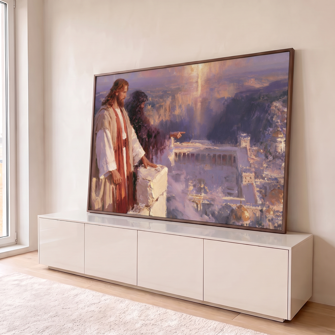 Quadro Decorativo Jesus Apontando para o Templo de Jerusalém | quadros decorativos para sala | Jesus e discípulo observam Jerusalém sob luz dourada vindo do céu roxo | em Quadros para Sala | Porao dos Quadros