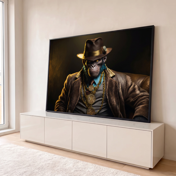 Quadro Decorativo Grande Macaco de Terno para Sala Marrom | quadros decorativos para sala | macaco de terno e chapéu com correntes de ouro e moedas de Bitcoin | em Quadros para Sala | Porao dos Quadros