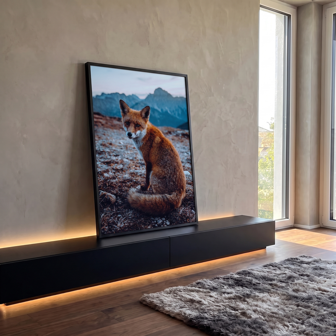 Raposa vermelha sentada olhando para a frente com montanhas azuis ao fundo, quadro decorativo
