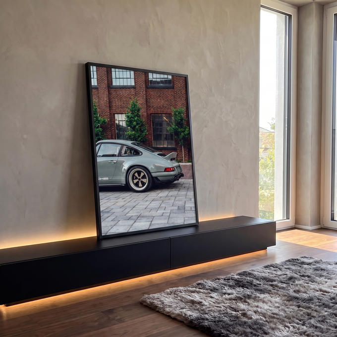 Quadro Decorativo Clássico Cinza em Frente a Prédio | quadros decorativos para sala | clássico cinza-esverdeado visto de trás em frente a prédio de tijolos | em Quadros para Sala | Porao dos Quadros