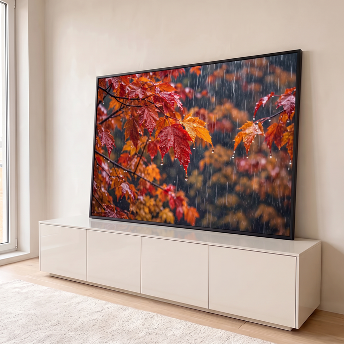 Folhas de bordo vermelhas e laranja com gotas de chuva sobre fundo de floresta outonal, quadro decorativo