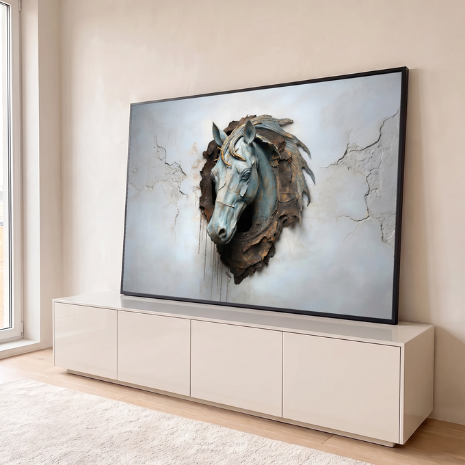 Quadro Decorativo Grande Cabeça de Cavalo para Sala Azul | quadros decorativos para sala | cabeça de cavalo em metal azul e dourado emergindo de parede rachada em efeito 3D | em Quadros para Sala | Porao dos Quadros
