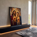 Quadro Decorativo Grande Sagrados para Sala | quadros decorativos para sala | Jesus e Maria segurando corações sagrados em chamas diante de vitrais coloridos | em Quadros para Sala | Porao dos Quadros