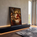 Quadro Decorativo Grande Jesus Consagrando para Sala Dourado | quadros decorativos para sala | Jesus consagrando hóstia sobre cálice dourado cercado por apóstolos em oração | em Quadros para Sala | Porao dos Quadros