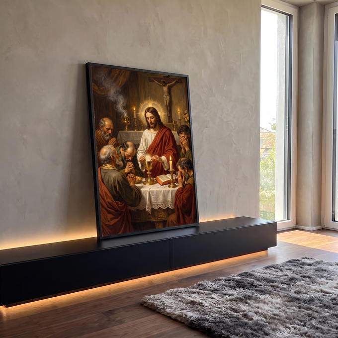 Quadro Decorativo Grande Jesus Consagrando para Sala Dourado | quadros decorativos para sala | Jesus consagrando hóstia sobre cálice dourado cercado por apóstolos em oração | em Quadros para Sala | Porao dos Quadros