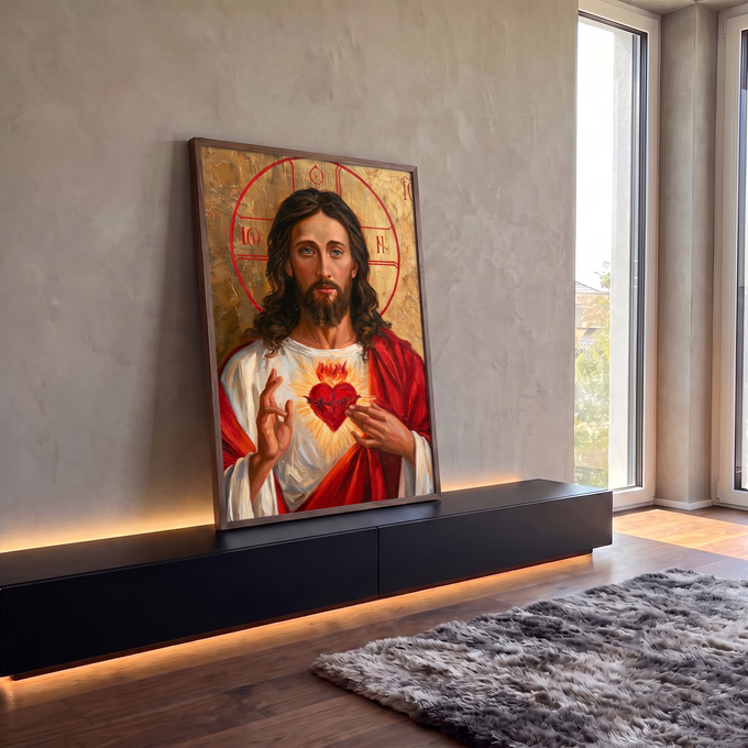 Quadro Decorativo Sagrado Coração de Jesus com Auréola | quadros decorativos para sala | Jesus Cristo com sagrado coração em chamas e auréola dourada | em Quadros para Sala | Porao dos Quadros