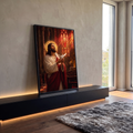 Quadro Decorativo Grande Jesus com Pomba para Sala Vermelho | quadros decorativos para sala | Jesus com auréola segurando pomba branca diante de vitrais vermelhos de catedral | em Quadros para Sala | Porao dos Quadros