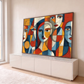 Rostos femininos cubistas com espirais em azul, laranja e vermelho, traço ilustrado, quadro decorativo