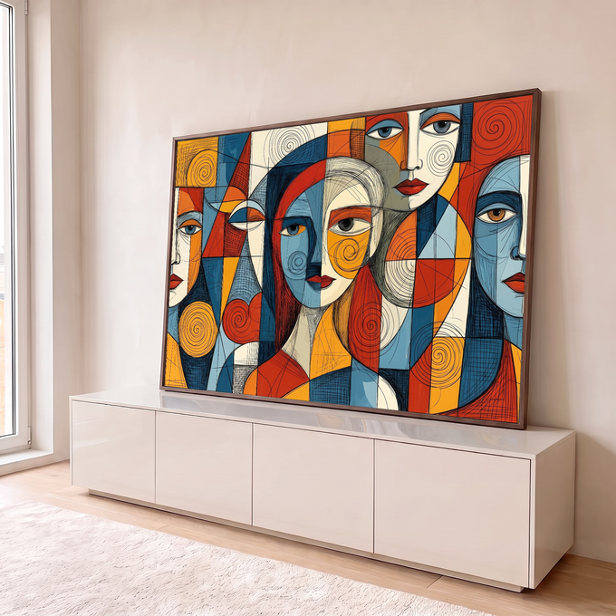 Rostos femininos cubistas com espirais em azul, laranja e vermelho, traço ilustrado, quadro decorativo