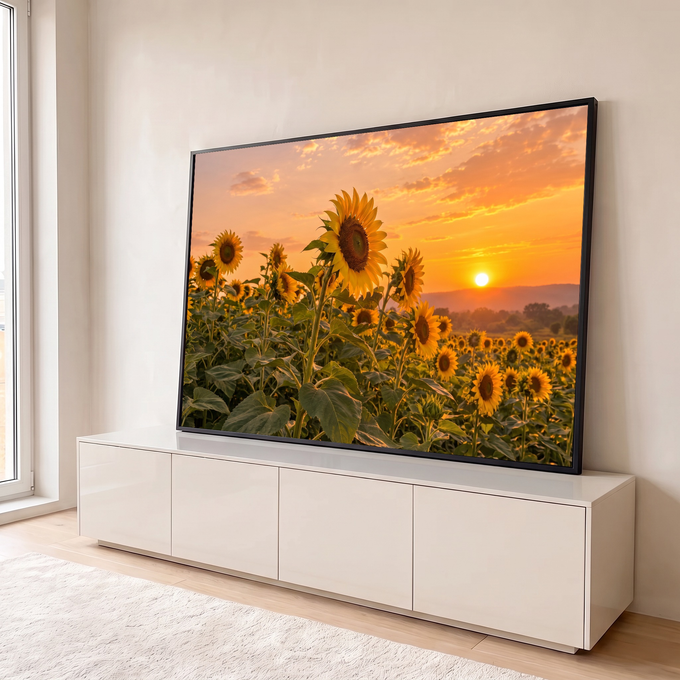 Campo de girassóis em primeiro plano com sol se pondo no horizonte e céu laranja, quadro decorativo