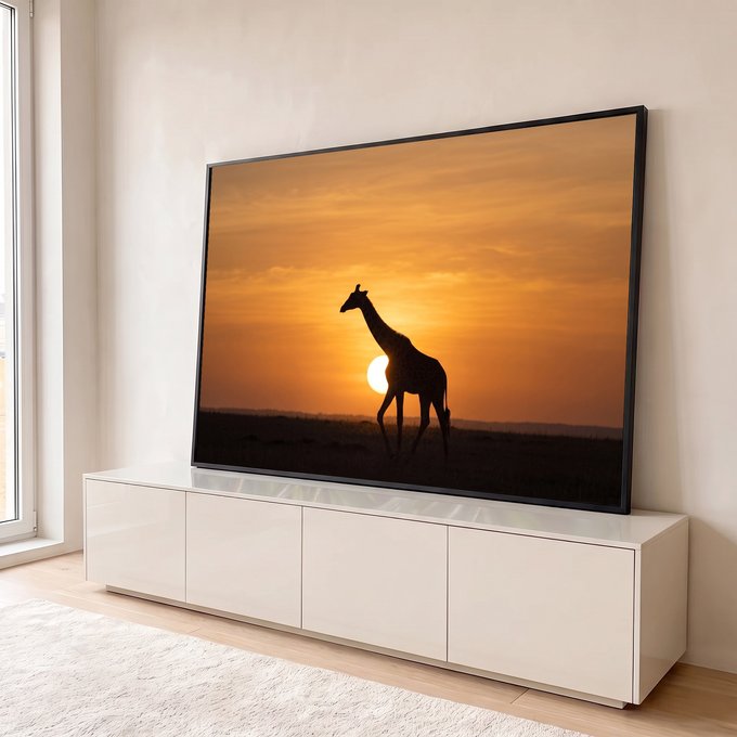 Silhueta de girafa caminhando diante do sol poente na savana africana, céu laranja, quadro decorativo