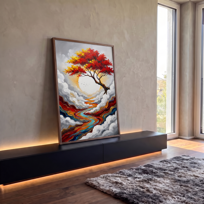 Quadro Decorativo Grande Árvore Vermelha Vermelho para Sala | quadros decorativos para sala | árvore com folhas vermelhas e amarelas sobre sol branco e rio colorido entre nuvens | em Quadros para Sala | Porao dos Quadros