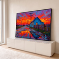 Quadro Decorativo Grande Casa Azul Laranja para Sala | quadros decorativos para sala | casa azul numa estrada molhada refletindo céu de pôr do sol laranja e roxo | em Quadros para Sala | Porao dos Quadros