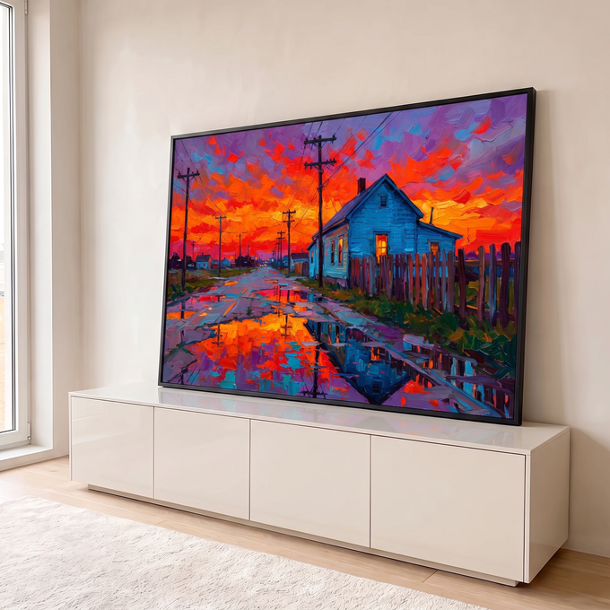 Quadro Decorativo Grande Casa Azul Laranja para Sala | quadros decorativos para sala | casa azul numa estrada molhada refletindo céu de pôr do sol laranja e roxo | em Quadros para Sala | Porao dos Quadros