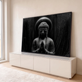Quadro Decorativo Grande Buda em Oração para Sala Preto | quadros decorativos para sala | estátua de Buda em preto e branco com eclipse brilhante atrás da cabeça | em Quadros para Sala | Porao dos Quadros