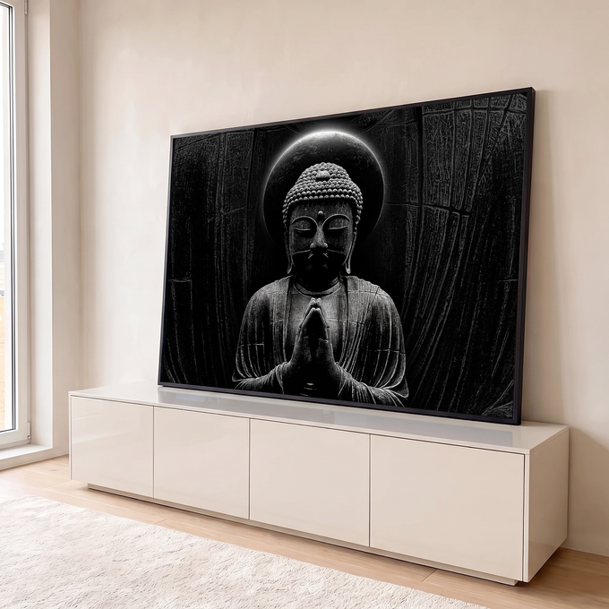 Quadro Decorativo Grande Buda em Oração para Sala Preto | quadros decorativos para sala | estátua de Buda em preto e branco com eclipse brilhante atrás da cabeça | em Quadros para Sala | Porao dos Quadros