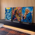 Quadro Decorativo Kit 3 Telas Nossa Senhora para Sala Azul | quadros decorativos para sala | tríptico com Nossa Senhora, Menino Jesus e céu estrelado em azul e dourado | em Quadros para Sala | Porao dos Quadros