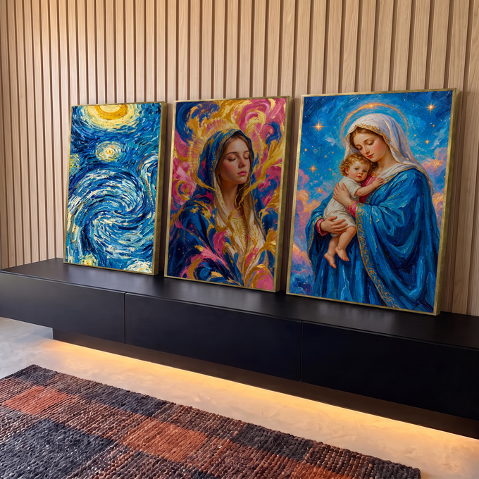 Quadro Decorativo Kit 3 Telas Nossa Senhora para Sala Azul | quadros decorativos para sala | tríptico com Nossa Senhora, Menino Jesus e céu estrelado em azul e dourado | em Quadros para Sala | Porao dos Quadros