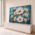 Quadro Decorativo Grande Margaridas Brancas para Sala Azul | quadros decorativos para sala | margaridas brancas texturizadas com centro dourado sobre fundo azul turquesa | em Quadros para Sala | Porao dos Quadros