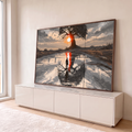 Quadro Decorativo Grande Silhueta Diante do Sol para Sala | quadros decorativos para sala | silhueta de pessoa diante de árvore e sol ao entardecer com reflexo na água | em Quadros para Sala | Porao dos Quadros