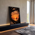 Quadro Decorativo Grande Pôr do Veleiro para Sala | quadros decorativos para sala | pôr do sol alaranjado com veleiro ao mar, emoldurado por galhos escuros de árvore | em Quadros para Sala | Porao dos Quadros