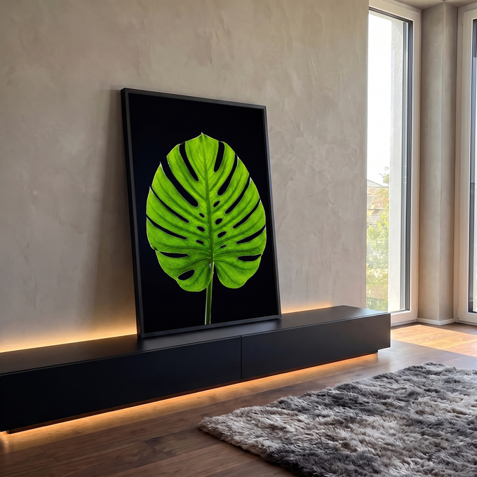 Quadro Decorativo Grande Folha Tropical de Flores para Sala | quadros decorativos para sala | folha verde tropical com fendas profundas iluminada por trás em fundo preto | em Quadros para Sala | Porao dos Quadros