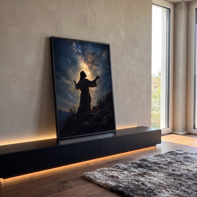 Quadro Decorativo Grande Figura em Manto para Sala Preto | quadros decorativos para sala | figura de manto com braços erguidos sob céu estrelado e via láctea dourada | em Quadros para Sala | Porao dos Quadros
