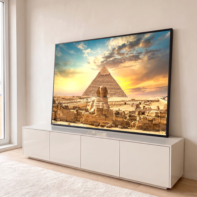 Quadro Decorativo Grande Pirâmide de Gizé para Sala Bege | quadros decorativos para sala | Grande Pirâmide de Gizé e Esfinge sob céu de pôr do sol em tons laranja e azul | em Quadros para Sala | Porao dos Quadros