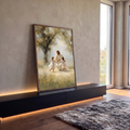Quadro Decorativo Grande Jesus Brincando para Sala Branco | quadros decorativos para sala | homem de túnica branca sorrindo com duas meninas num campo iluminado por luz dourada | em Quadros para Sala | Porao dos Quadros
