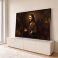 Jesus Cristo de túnica marrom e mãos abertas em pintura a óleo com fundo escuro, quadro decorativo