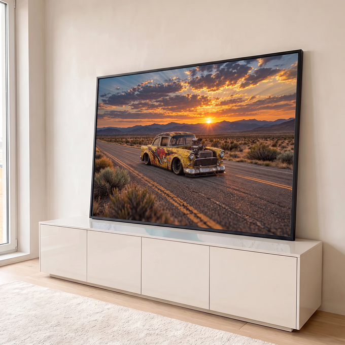Hot rod amarelo enferrujado com motor turbo numa estrada no deserto ao pôr do sol, quadro decorativo