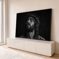 Quadro Decorativo Grande Jesus Branco para Sala | quadros decorativos para sala | homem com coroa de espinhos e gotas de sangue no rosto em preto e branco | em Quadros para Sala | Porao dos Quadros