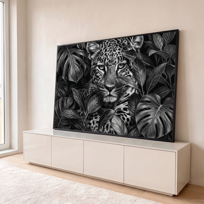 Leopardo de olhar intenso entre folhas de monstera em preto e branco, quadro decorativo