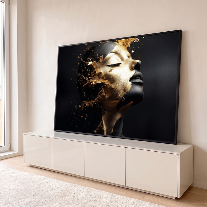 Quadro Decorativo Grande Rosto Dourado para Sala | quadros decorativos para sala | rosto feminino de perfil em preto coberto por respingos de tinta dourada | em Quadros para Sala | Porao dos Quadros