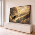 Quadro Decorativo Grande Homem de Manto Dourado para Sala | quadros decorativos para sala | figura de manto branco caminhando com leão sobre nuvens douradas e montanhas ao fundo | em Quadros para Sala | Porao dos Quadros