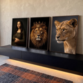 Quadro Decorativo Kit 3 Telas Mona Lisa para Sala Preto | quadros decorativos para sala | tríptico com mulher estilo Mona Lisa, leão coroado e leoa em fotografia realista | em Quadros para Sala | Porao dos Quadros