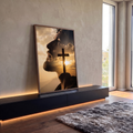 Quadro Decorativo Grande Cristo para Sala Dourado | quadros decorativos para sala | perfil de homem com coroa de espinhos sobreposto a cruz e céu dourado ao entardecer | em Quadros para Sala | Porao dos Quadros