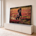Quadro Decorativo Grande Cavalo Negro Campo para Sala Preto | quadros decorativos para sala | cavalo negro empinado em campo de flores vermelhas sob luz dourada | em Quadros para Sala | Porao dos Quadros