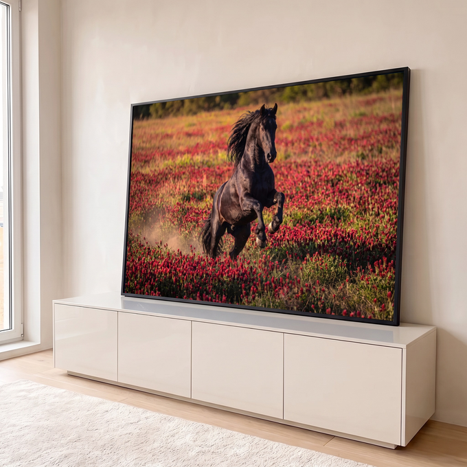 Quadro Decorativo Grande Cavalo Negro Campo para Sala Preto | quadros decorativos para sala | cavalo negro empinado em campo de flores vermelhas sob luz dourada | em Quadros para Sala | Porao dos Quadros