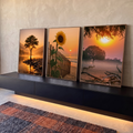 Quadro Decorativo Kit 3 Telas Pôr do Sol Paisagem para Sala | quadros decorativos para sala | tríptico com árvore à beira do rio, girassol à praia e savana ao pôr do sol | em Quadros para Sala | Porao dos Quadros